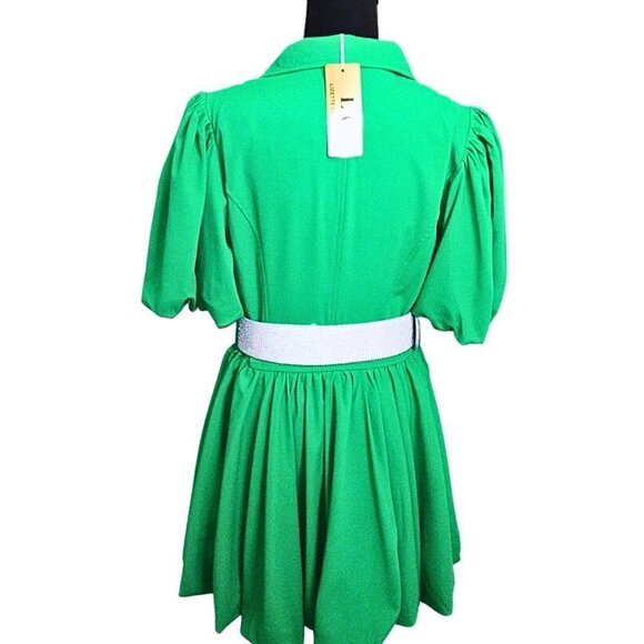 LC LIZETTE COLLECTION GREEN PEPLUM DRESS W/ SHORT SLEEVES & WIDE CRYSTAL BELT - Picture 2 of 9